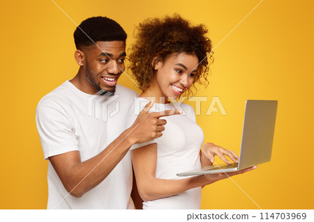 Attractive black couple planning their trip with laptop, choosing destinations online, orange background with empty space Attractive black couple planning their trip with laptop, choosing destinations online, orange background with empty space 114703969