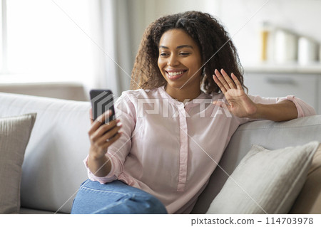 An african american millennial lady waves hello while video calling from her comfortable home, representing human connection An african american millennial lady waves hello while video calling from her comfortable home, representing human connection 114703978