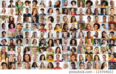 This engaging portrait collage showcases a diverse array of people, symbolizing unity, diversity, and the beauty of a multifaceted society 114704022
