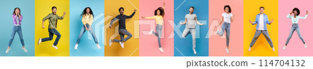 Diverse Group of People Jumping With Joy Against Colorful Backgrounds, Showcasing Diversity And Happiness Against Vibrant Mono-Color Backdrops, Creative Collage 114704132