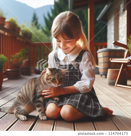 Girl touching a cat Girl touching a cat 114704173