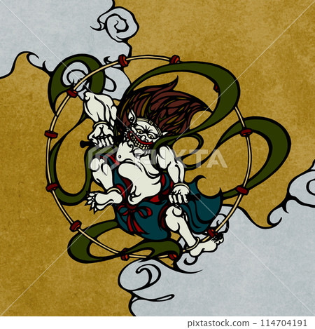 An illustrated illustration of a god of thunder riding on a cloud An illustrated illustration of a god of thunder riding on a cloud 114704191