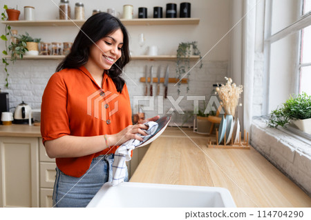 A cheerful zoomer muslim woman multitasks at home, cleaning dishes in her cozy middle eastern kitchen, showing positivity in daily chores A cheerful zoomer muslim woman multitasks at home, cleaning dishes in her cozy middle eastern kitchen, showing positivity in daily chores 114704290