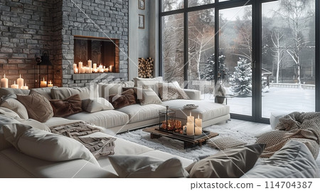 Living Room With Furniture and Fireplace 114704387