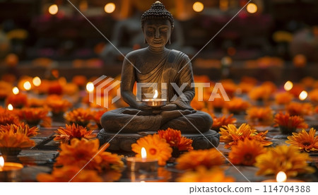 Buddha Statue Surrounded by Candles and Flowers 114704388
