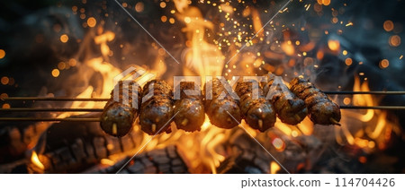 Assorted Skewers of Food Cooking on a Grill 114704426