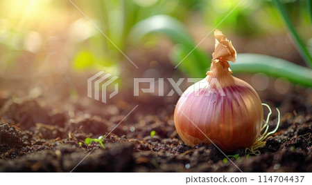 Planting an onion bulb in the soil outdoors 114704437