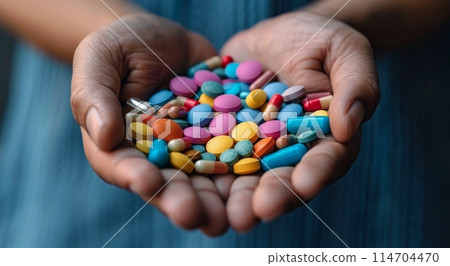 Person Holding Handful of Pills 114704470