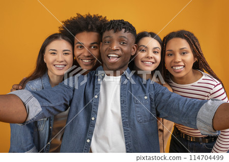 Energetic multiracial friends are taking a selfie, capturing the essence of an international team's friendship in an isolated setting Energetic multiracial friends are taking a selfie, capturing the essence of an international team's friendship in an isolated setting 114704499