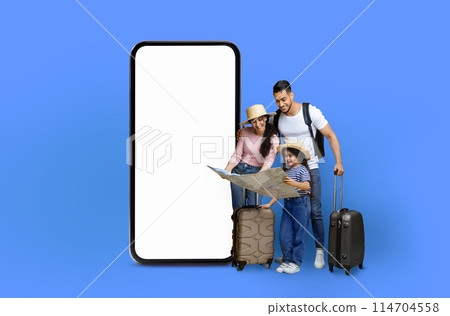 This image features a cheerful middle eastern family consisting of a couple with a child, using a giant smartphone with a blank screen backed by a blue background, ideal for application display This image features a cheerful middle eastern family consisting of a couple with a child, using a giant smartphone with a blank screen backed by a blue background, ideal for application display 114704558