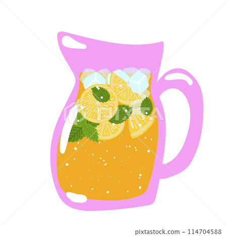 Hand drawn jug of fresh home made lemonade with lemon slice and mint. 114704588