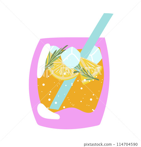 Hand drawn summer glass lemonade with lemon slice, rosemary and ice. 114704590