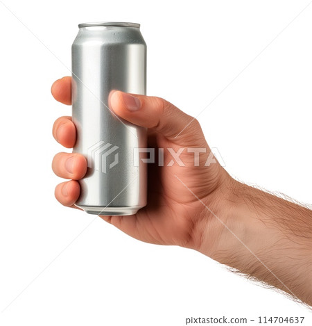 Silver metal soda can in hand isolated on white or transparent background. Close-up, mockup of a metal soda can in hand. Drinking carbonated drinks. Silver metal soda can in hand isolated on white or transparent background. Close-up, mockup of a metal soda can in hand. Drinking carbonated drinks. 114704637
