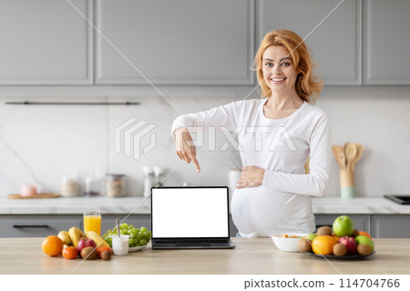 A cheerful European pregnant lady browses a laptop in a kitchen setting, likely searching for pregnancy or nutrition information A cheerful European pregnant lady browses a laptop in a kitchen setting, likely searching for pregnancy or nutrition information 114704766