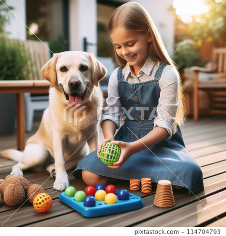 A girl playing with a dog 114704793