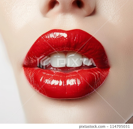 Close Up of Womans Lips With Bright Red Lipstick Close Up of Womans Lips With Bright Red Lipstick 114705031