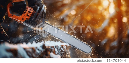 Man in Orange Jacket Holding Chainsaw 114705044