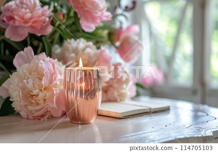 Table With Pink Flower Vase 114705103