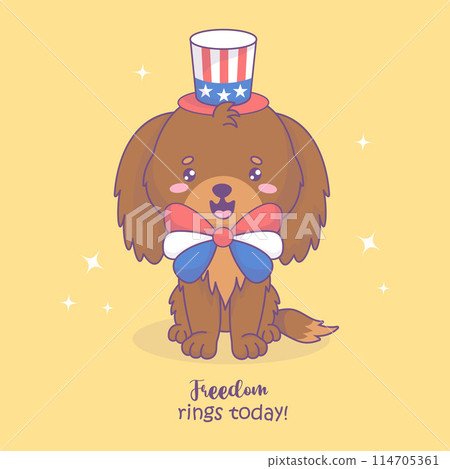 Patriotic dog wearing party hat and bow in colors of American flag. Funny holiday cartoon kawaii character. American Independence Day. Vector illustration 114705361