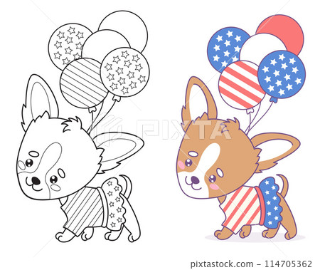 Outline patriotic dog chihuahua girl in dress with balloons in colors American flag. Independence Day. Isolated funny cartoon puppy. Color and line drawing. Vector illustration. Kids collection 114705362