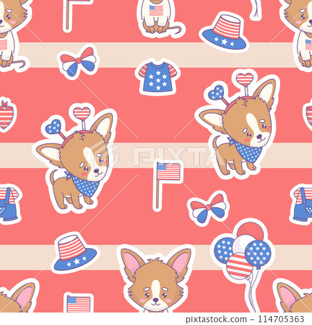 Seamless pattern with patriotic dogs chihuahua in symbolic clothing and accessories in colors American flag. Vector illustration for holiday Independence Day 114705363