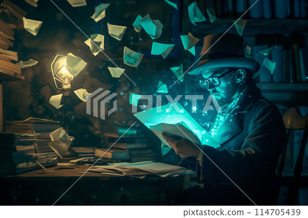 A man is seated at a desk, engrossed in reading a book 114705439