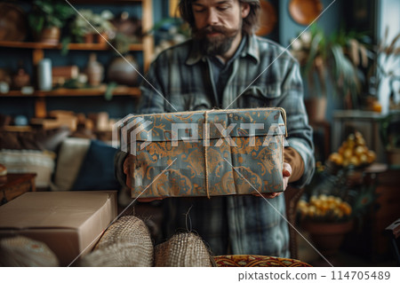 A man standing while holding a box in his hands 114705489