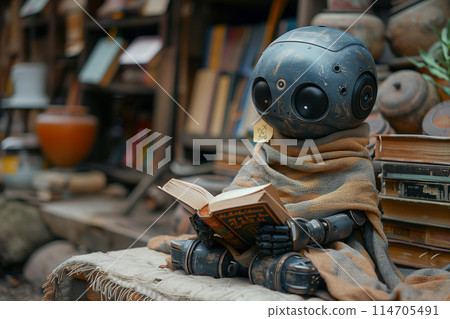 A stuffed robot is seated on a bench, engrossed in reading a book A stuffed robot is seated on a bench, engrossed in reading a book 114705491