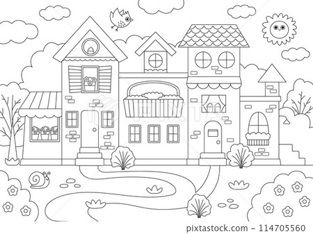 Vector black and white city scene with beautiful house surrounded by garden. Landscape sunny day line illustration with residential building. Cute cottage with flowers. Funny little town coloring 114705560