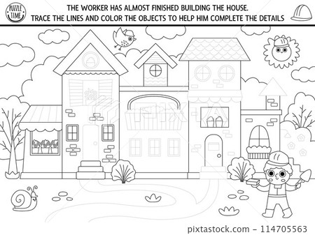 Construction site black and white drawing, coloring, tracing and writing practice activity with house. Finish and decorate building puzzle. Printable worksheet, game or coloring page for kids Construction site black and white drawing, coloring, tracing and writing practice activity with house. Finish and decorate building puzzle. Printable worksheet, game or coloring page for kids 114705563