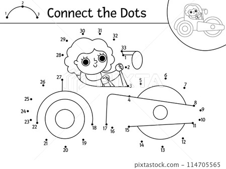 Vector construction site dot-to-dot and color activity with road roller. Building works line connect the dots game for children. Printable worksheet or coloring page with industrial vehicle 114705565