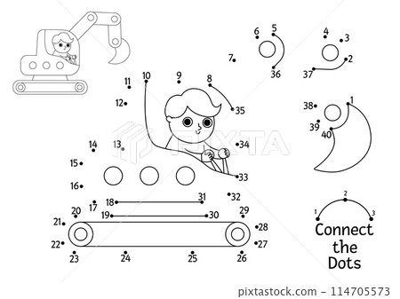 Vector construction site dot-to-dot and color activity with excavator. Building works line connect the dots game for children. Printable worksheet or coloring page with industrial vehicle Vector construction site dot-to-dot and color activity with excavator. Building works line connect the dots game for children. Printable worksheet or coloring page with industrial vehicle 114705573