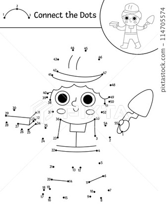Vector construction site dot-to-dot and color activity with worker in hard hat holding brick and spatula. Building works line connect the dots game for children. Printable worksheet or coloring page 114705574