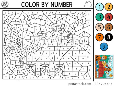 Vector construction site themed color by number activity with workers building brick wall. Black and white counting game with industrial landscape. Coloring page for kids with builders 114705587