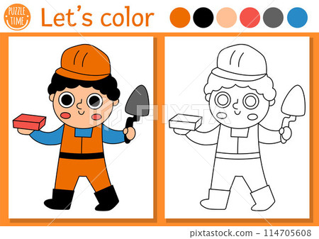 Construction site coloring page for children with builder holding spatula and brick. Vector repair works outline illustration. Color book for kids with colored example. Drawing skills printable 114705608