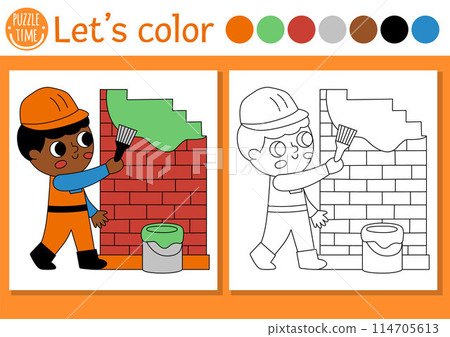 Construction site coloring page for children with worker painting brick wall. Vector repair works outline illustration. Color book for kids with colored example. Drawing skills printable worksheet Construction site coloring page for children with worker painting brick wall. Vector repair works outline illustration. Color book for kids with colored example. Drawing skills printable worksheet 114705613