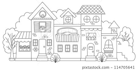 Vector black and white beautiful house surrounded by garden. Residential building line illustration. Cute cottage with flowers. Funny little town or city coloring page with roof, walls, shutters 114705641