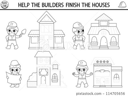 Vector construction site drawing practice worksheet. Printable black and white activity for kids. Repair works coloring page. Help the workers finish the houses. Trace the buildings 114705656