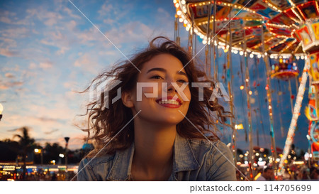 Joyful woman riding a Ferris wheel breeze blowing hair carnival lights twinkling childlike wonder 114705699