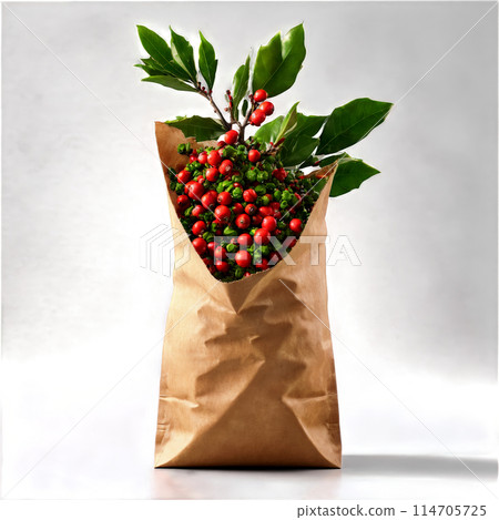 Compostable paper bag overflowing with energy boosting guarana and yaupon holly with stimulating herbs spilling Compostable paper bag overflowing with energy boosting guarana and yaupon holly with stimulating herbs spilling 114705725