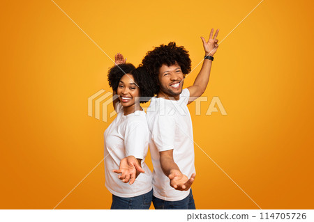 Funny african american millennial man and woman with bushy hair wearing white t-shirt standing back to back, moving hands and smiling at camera, yellow studio background Funny african american millennial man and woman with bushy hair wearing white t-shirt standing back to back, moving hands and smiling at camera, yellow studio background 114705726