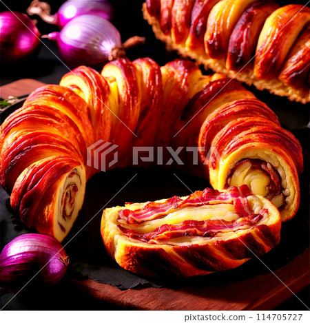 Belarusian babka potato casserole bacon onions golden brown served in slices Culinary and Food concept Belarusian babka potato casserole bacon onions golden brown served in slices Culinary and Food concept 114705727