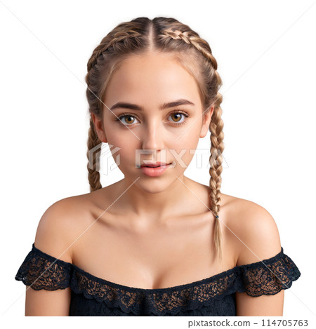 Young woman with a fishtail braid and a off shoulder top cute face widening eyes. Essence of diverse femininity. 114705763