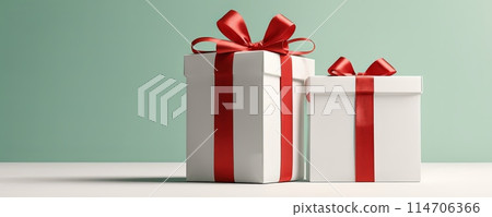 Gift boxes with red ribbons, with studio lighting and backdrop. Present, surprises, celebration and gift warping. 114706366