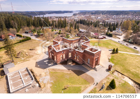 Aerial top view to Yakkima kircha, church ruins which nowadays City of Angels Museum Lahdenpohja. Bird s eye view to Attractions of Karelia region on a sunny summer day. Russia. Aerial top view to Yakkima kircha, church ruins which nowadays City of Angels Museum Lahdenpohja. Bird s eye view to Attractions of Karelia region on a sunny summer day. Russia. 114706557