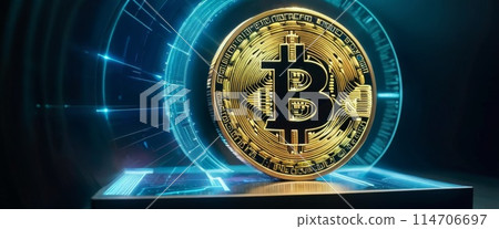 Bitcoin Symbol Illuminated on Tech Platform 114706697