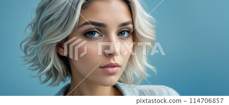 Serene Young Woman with Blue Background 114706857