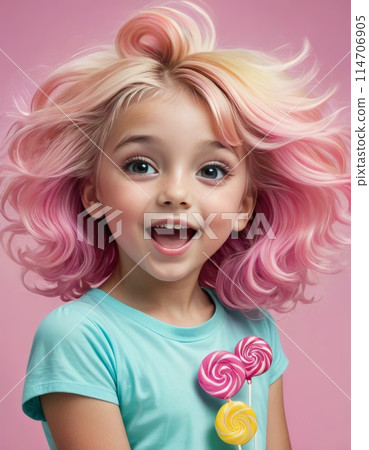 Joyful Child with Colorful Hair and Candy 114706905