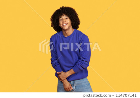 Shy young black guy in blue sweatshirt posing over yellow studio background, handsome millennial african american man smiling and looking at camera, standing isolated over bright backdrop, copy space Shy young black guy in blue sweatshirt posing over yellow studio background, handsome millennial african american man smiling and looking at camera, standing isolated over bright backdrop, copy space 114707141