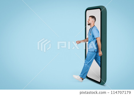 Male nurse in scrubs emerging from a smartphone screen, illustrating the innovative concept of telehealth and virtual medical consultations, free space 114707179